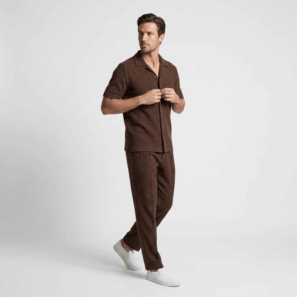 Man wearing a brown short-sleeve linen shirt with matching linen trousers walking in a studio setting.