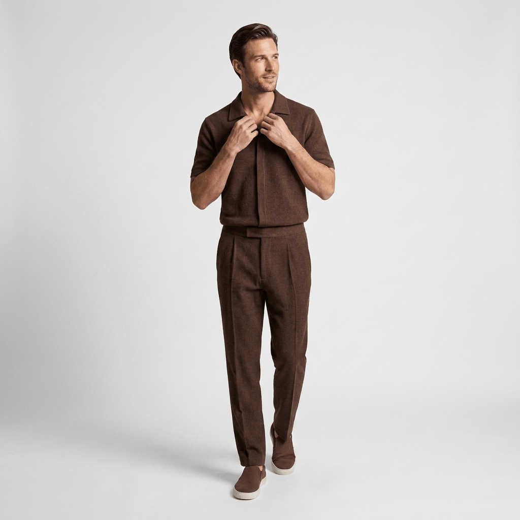 Man wearing a brown short-sleeve linen shirt with matching linen trousers standing in a relaxed pose.