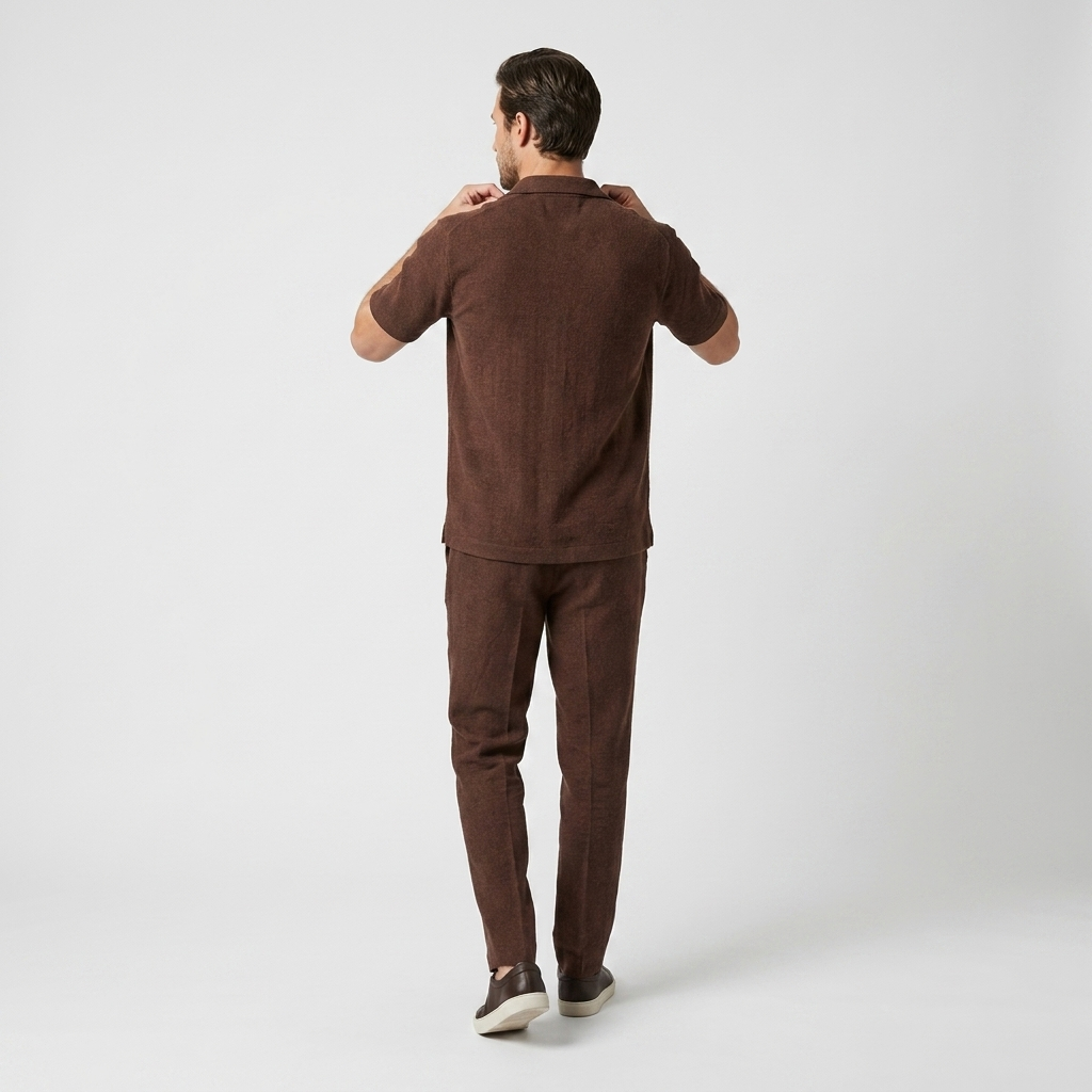 Back view of a man wearing a brown short-sleeve linen shirt with matching linen trousers.