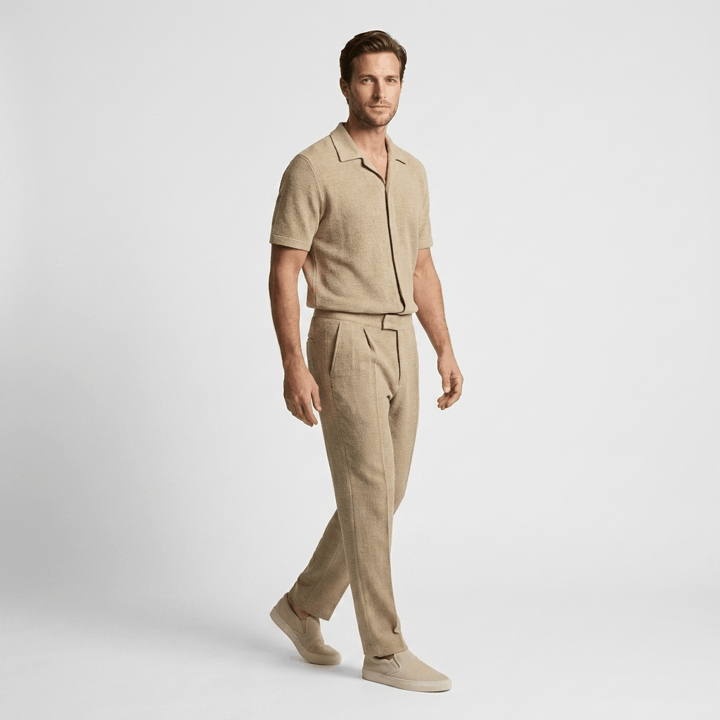 Man wearing a khaki short-sleeve linen shirt with matching linen trousers and white sneakers in a full-body studio portrait.