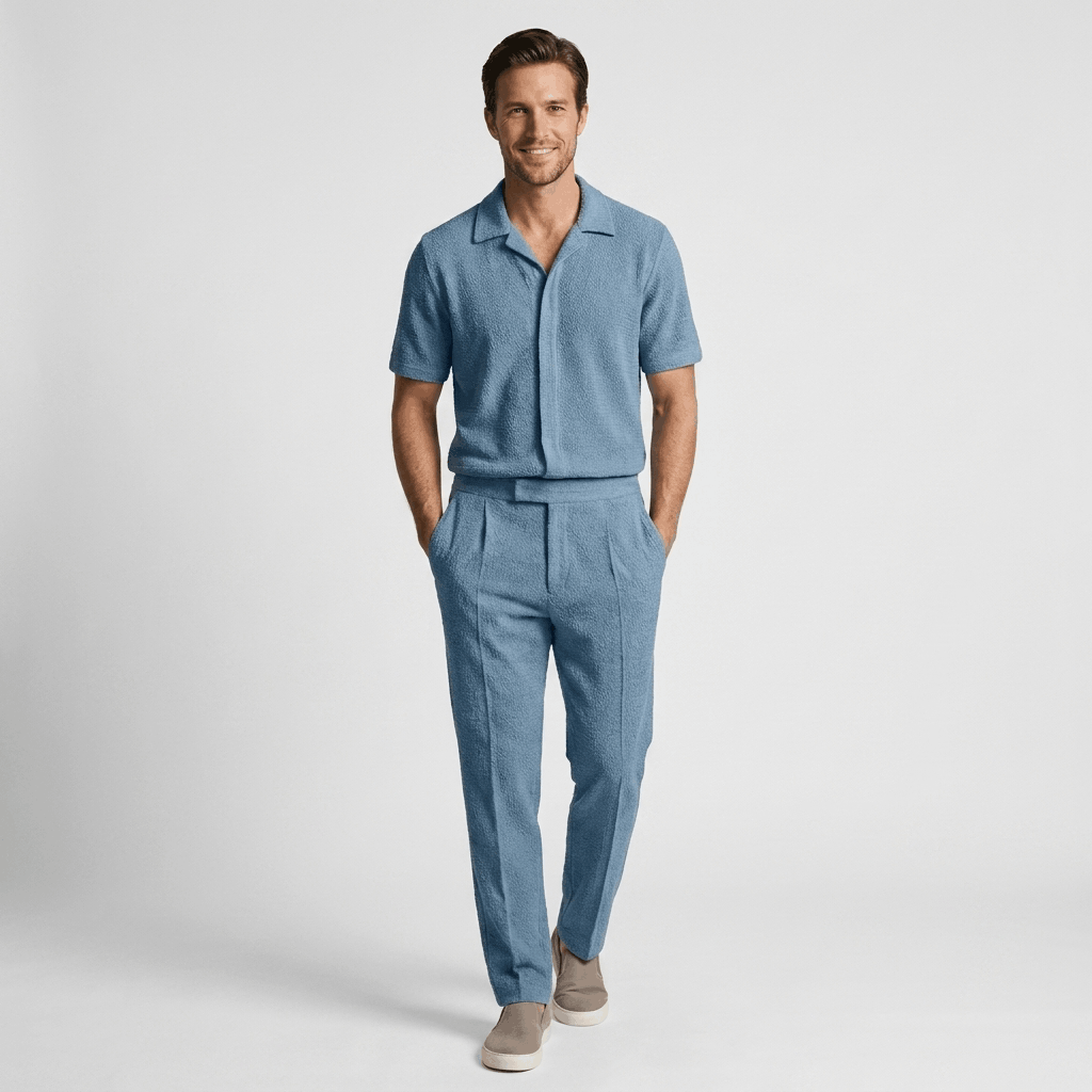Man wearing a light blue short-sleeve linen shirt with matching linen trousers in a full-body studio portrait.