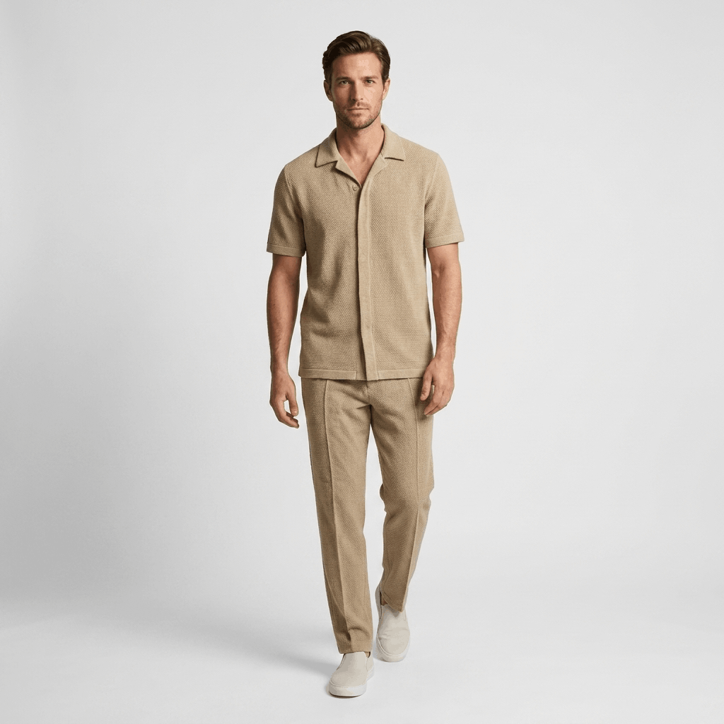 Man wearing a khaki short-sleeve linen shirt with matching linen trousers and white sneakers in a full-body studio portrait.