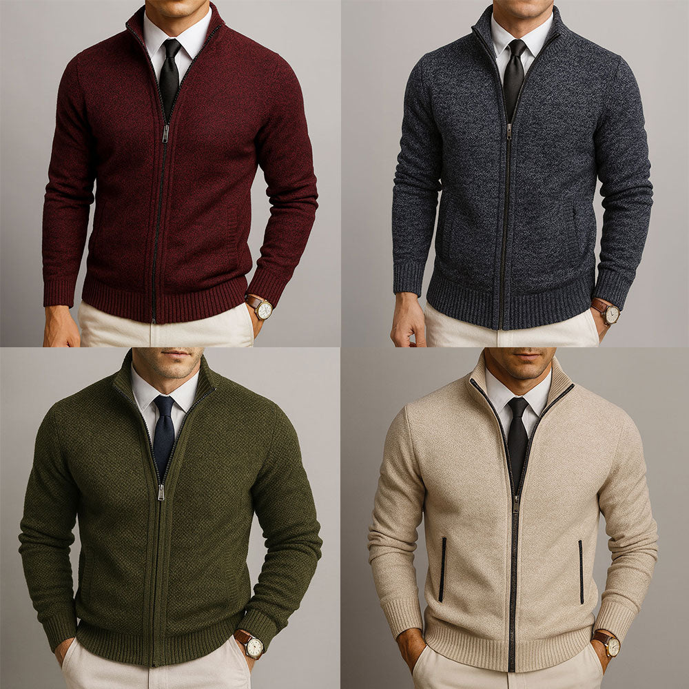 Textured zip-front cardigans with structured collars, ribbed cuffs, and hems in burgundy, navy, olive, and beige.