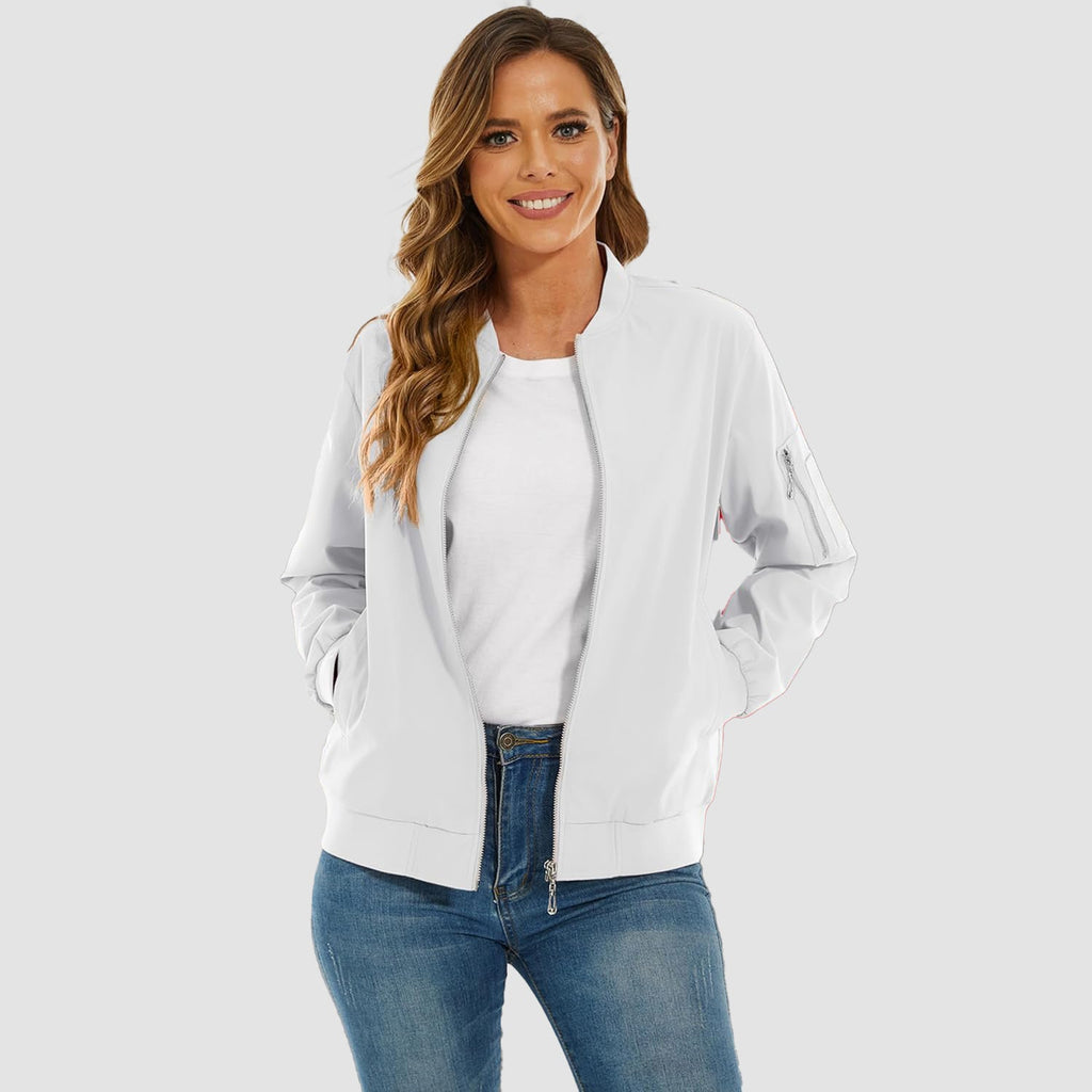 Lightweight white bomber jacket in water-resistant polyester with a zip sleeve pocket, ribbed trim, and a zip-up front.