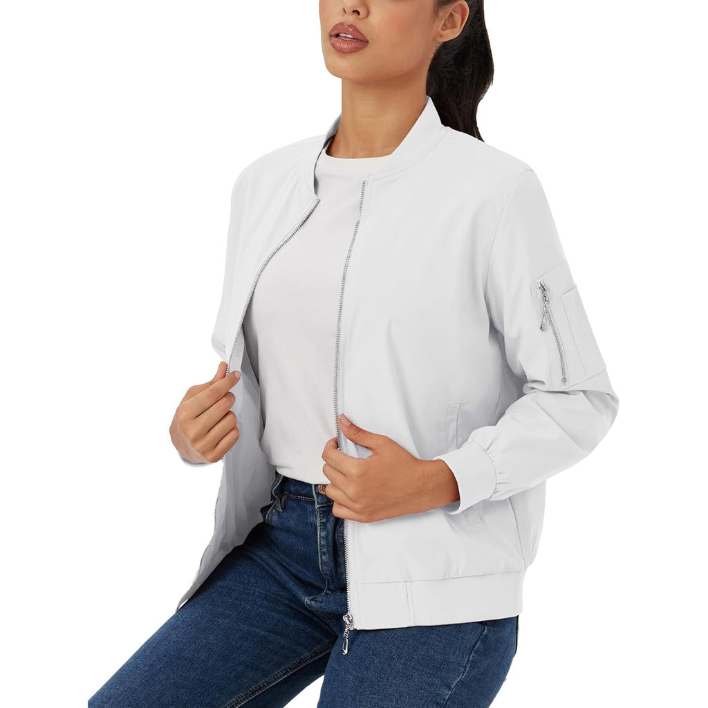 White lightweight bomber jacket with a zip-up front, ribbed trim, and utility sleeve pocket worn over jeans.