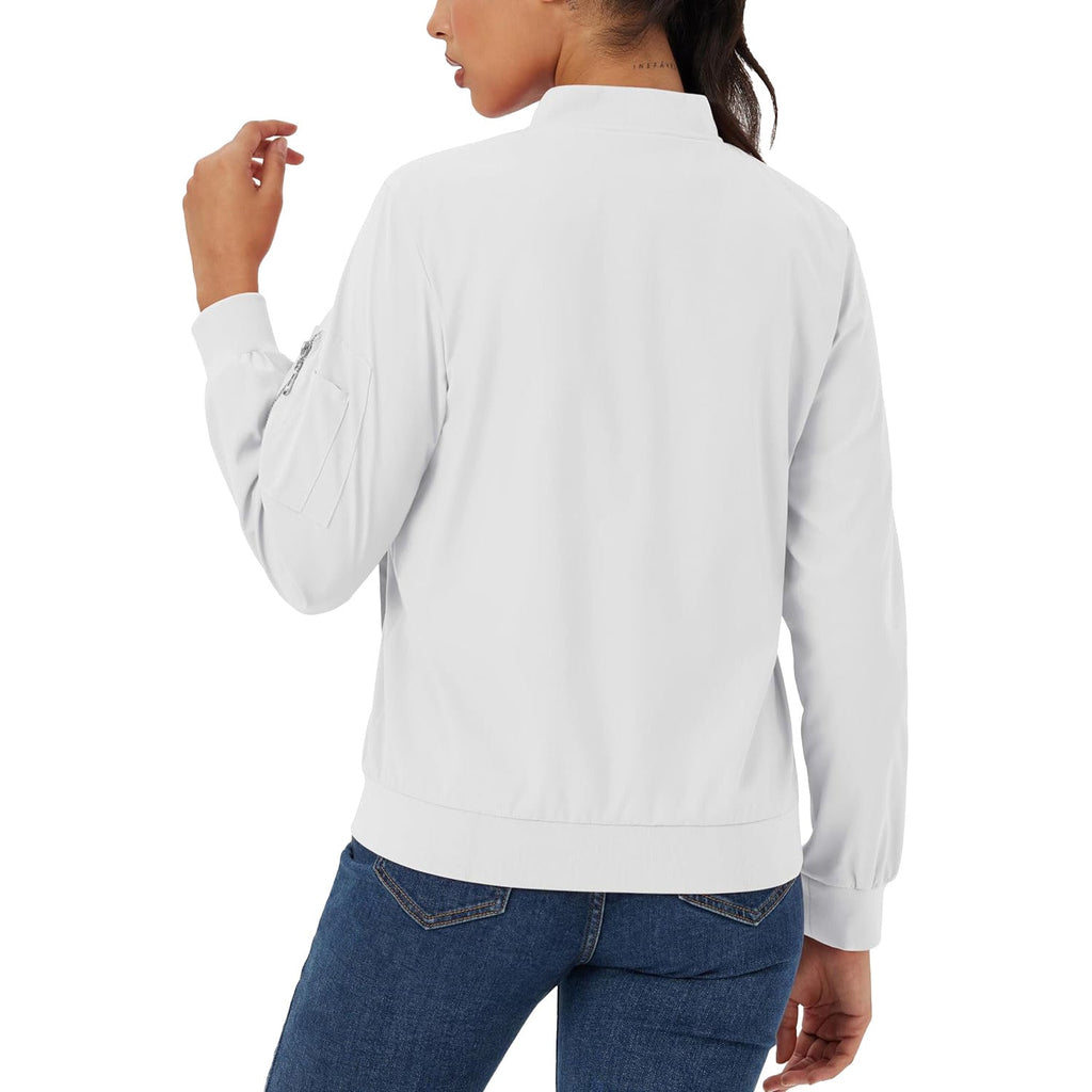 White lightweight bomber jacket in water-resistant polyester with a zip sleeve pocket and ribbed trim, worn with jeans.