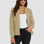 Beige lightweight bomber jacket in water-resistant polyester with a zip-up sleeve pocket and ribbed trim.