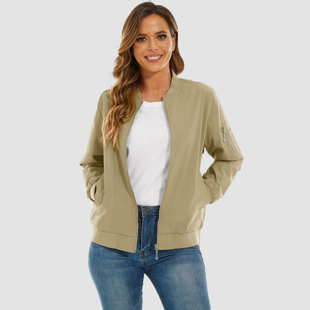 Lightweight khaki bomber jacket in water-resistant polyester with ribbed trim, zip sleeve pocket, and front zip closure.