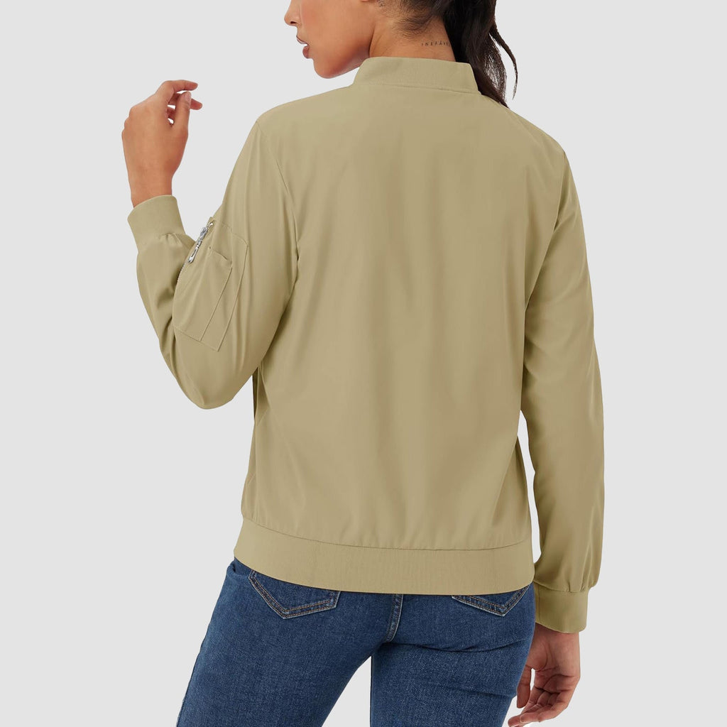 Lightweight khaki bomber jacket in water-resistant polyester with a zip sleeve pocket, ribbed trim, and a classic fit.