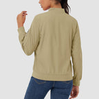 Lightweight khaki bomber jacket in water-resistant polyester with a zip sleeve pocket, ribbed trim, and a classic fit.