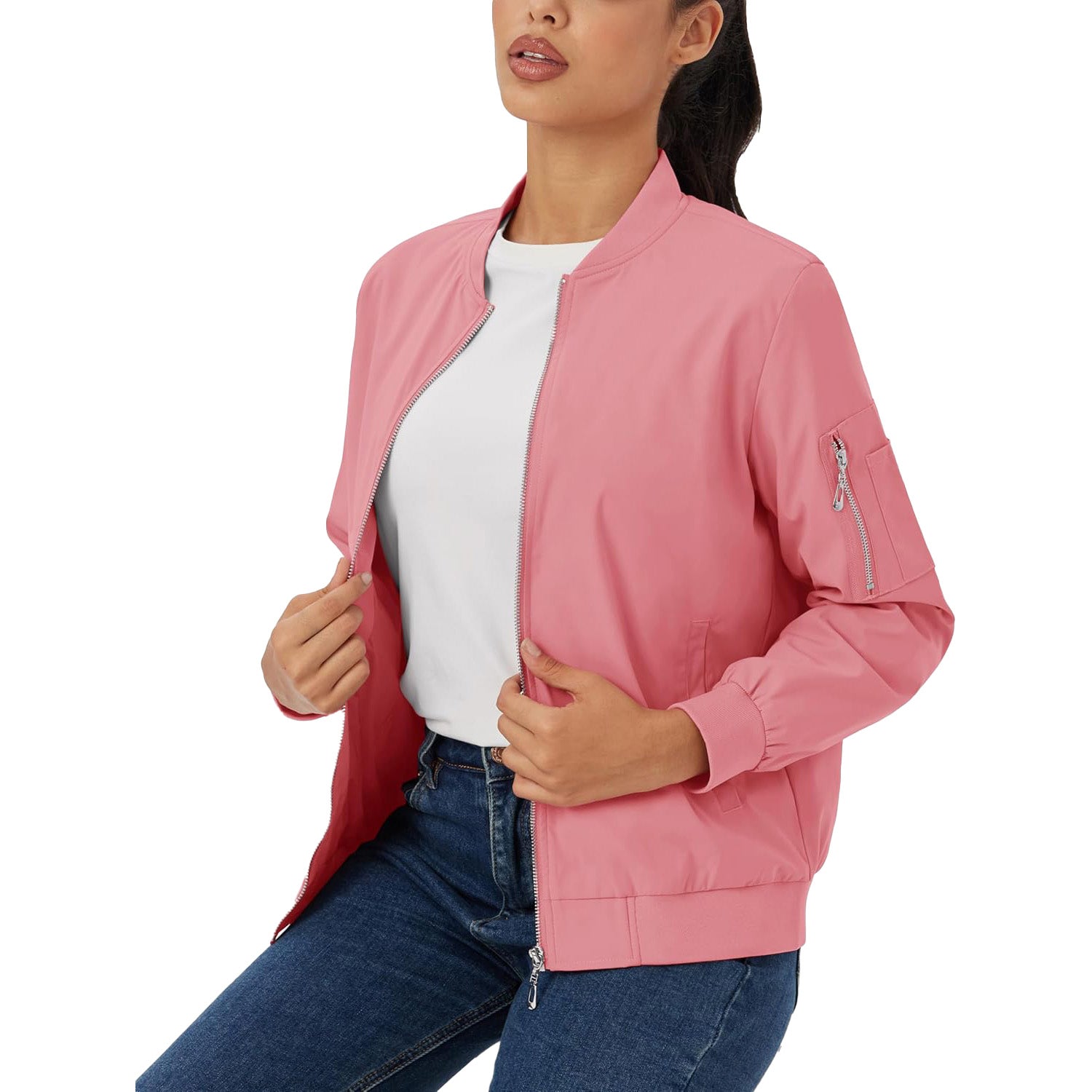 Pink lightweight bomber jacket in water-resistant polyester with a zip sleeve pocket and ribbed trim.