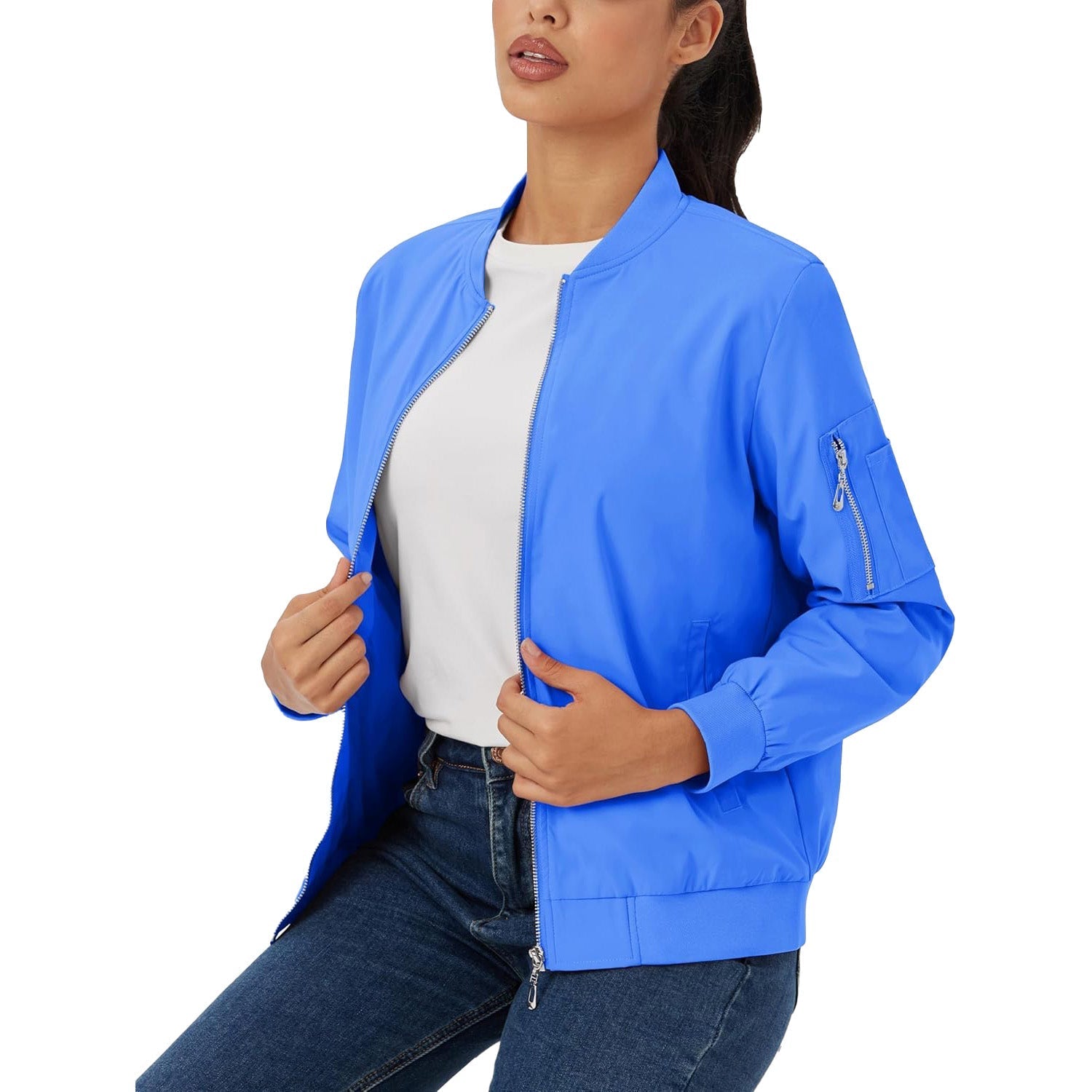 Bright blue lightweight bomber jacket in water-resistant polyester with a zip sleeve pocket and ribbed trim.