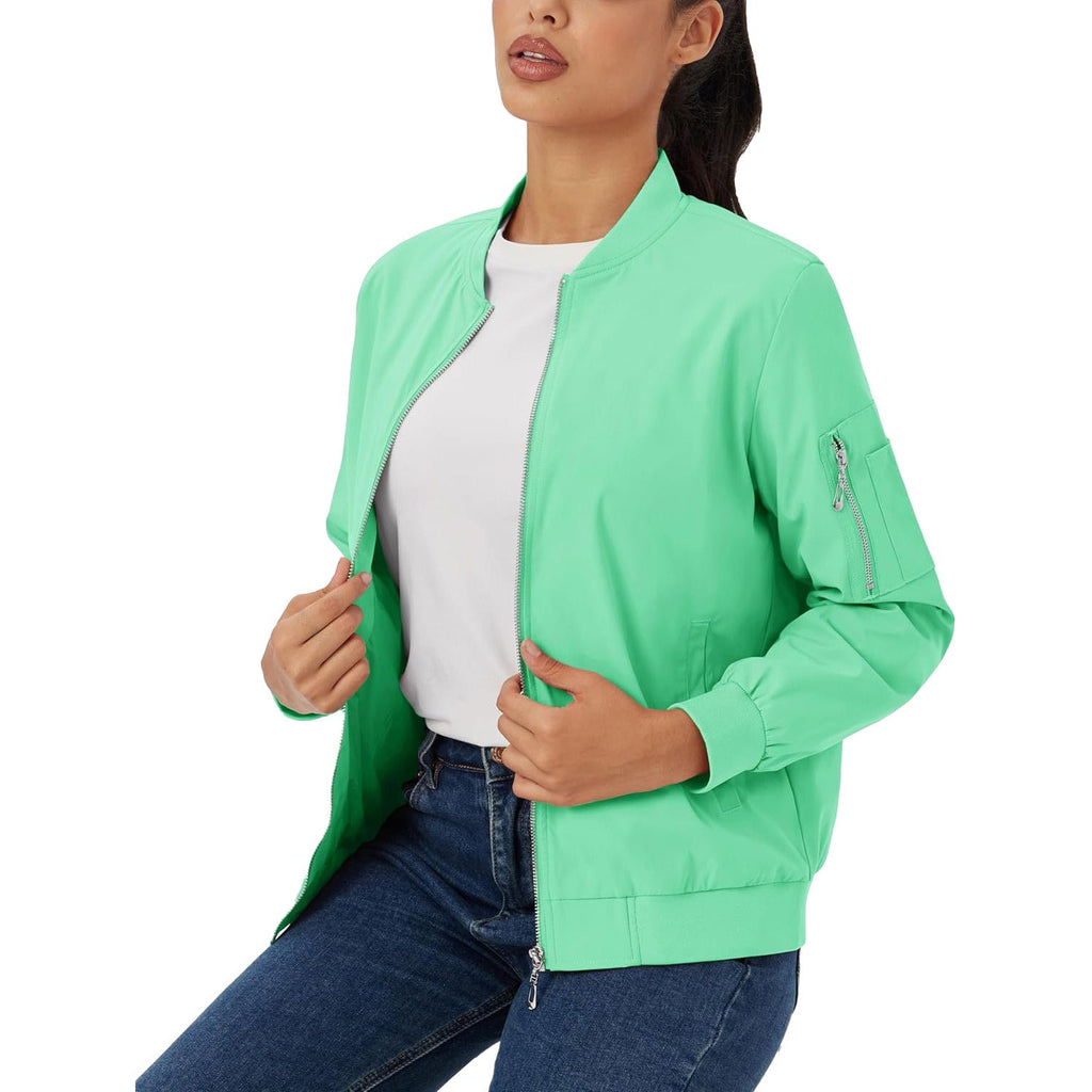 Light green lightweight bomber jacket in water-resistant polyester with a zip sleeve pocket and ribbed trim.