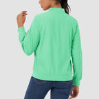 Light green lightweight bomber jacket with a zip sleeve pocket, ribbed trim, and a smooth, water-resistant finish.
