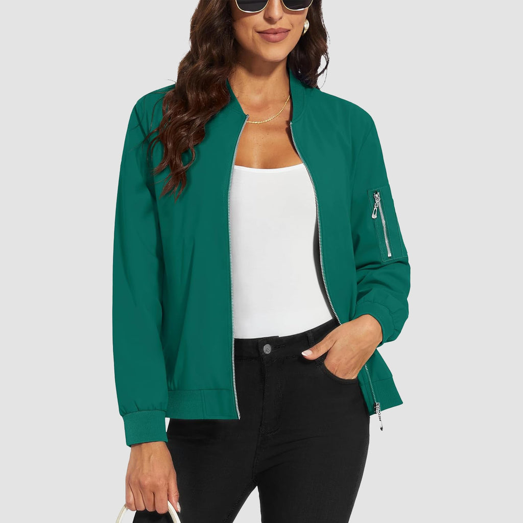 Emerald green lightweight bomber jacket with a zip-up front, ribbed trim, and utility sleeve pocket.