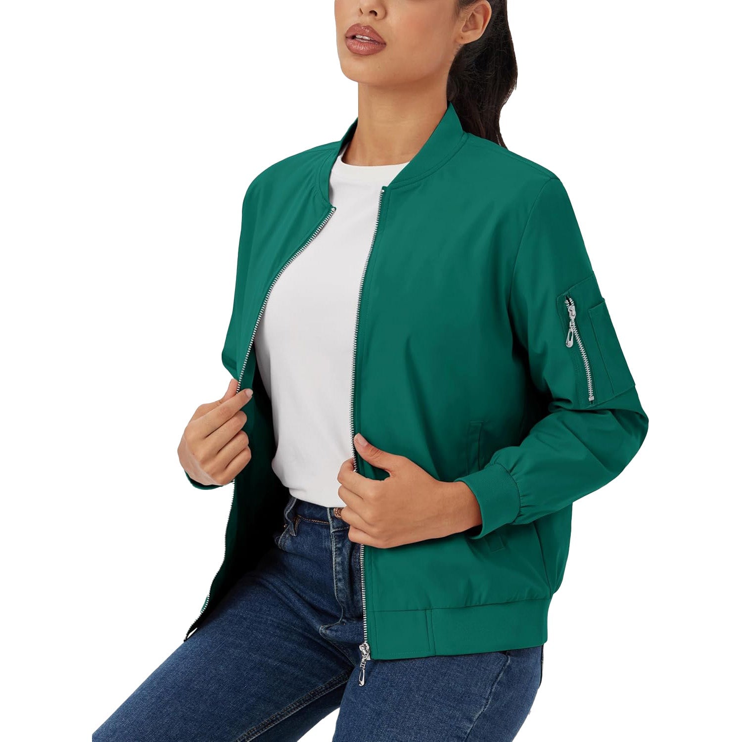 Emerald green lightweight bomber jacket with ribbed trim, zip sleeve pocket, and water-resistant finish.
