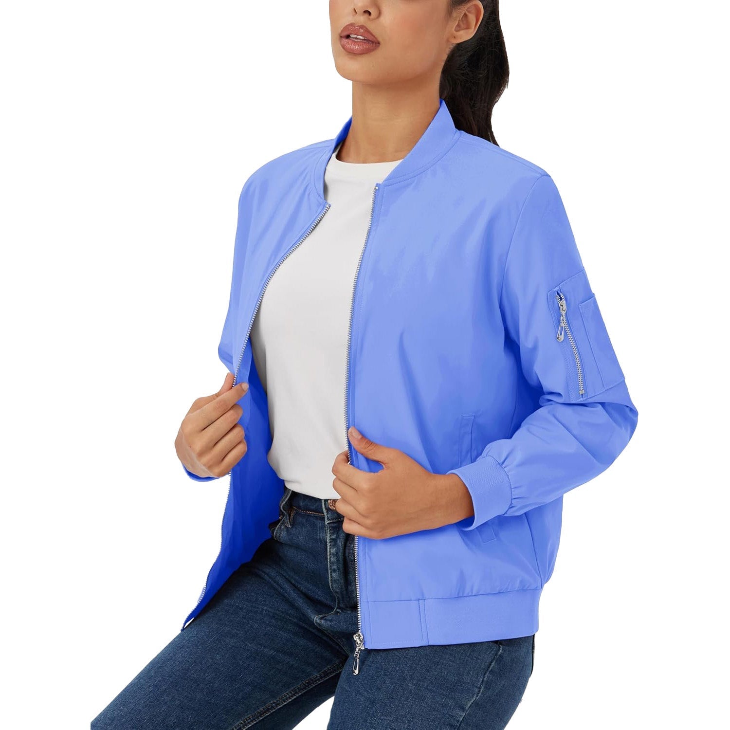 Periwinkle blue lightweight bomber jacket with a zip-up front, ribbed trim, and utility sleeve pocket.