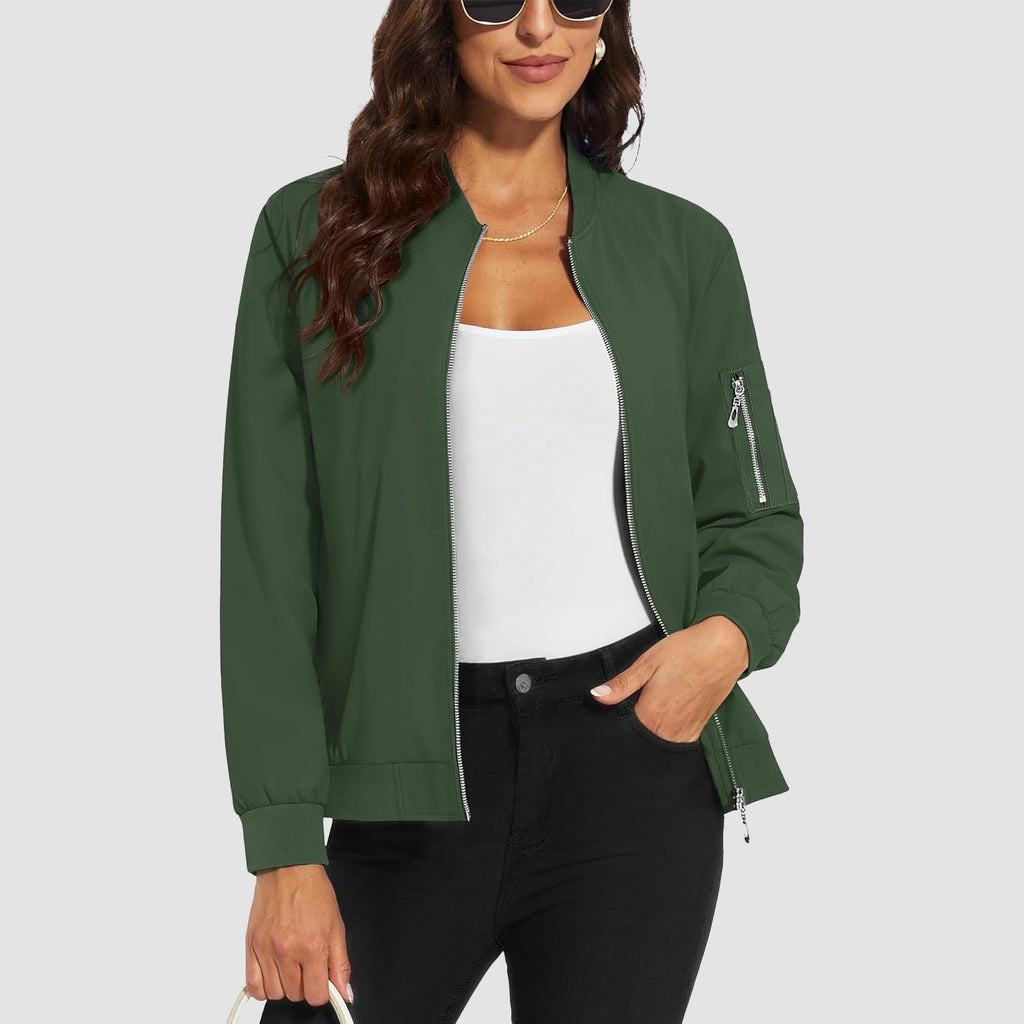 Dark green lightweight bomber jacket with a zip-up front, ribbed trim, and a utility sleeve pocket.