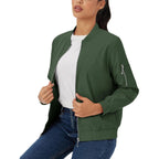 Olive green lightweight bomber jacket with a zip-up front, ribbed trim, and utility sleeve pocket.