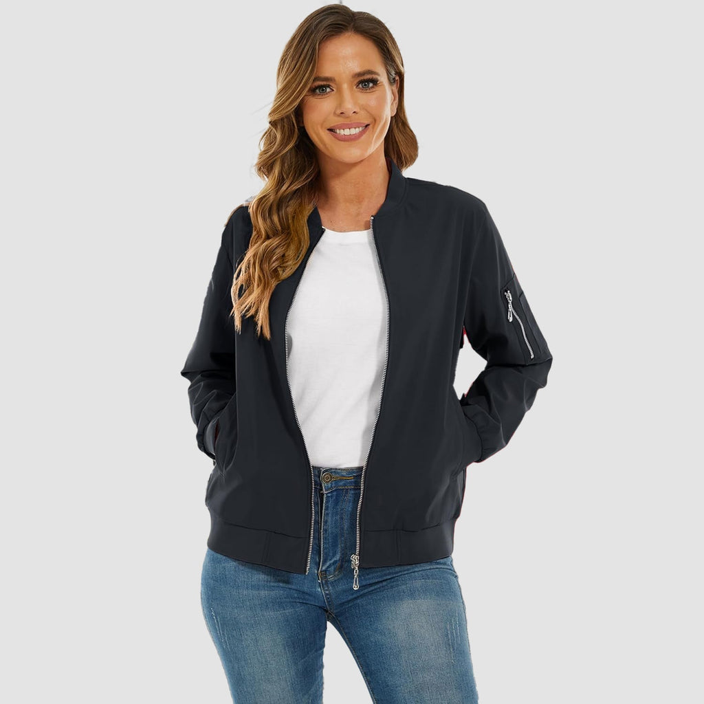 Black lightweight bomber jacket in water-resistant polyester with a zip sleeve pocket, ribbed trim, and a classic fit.