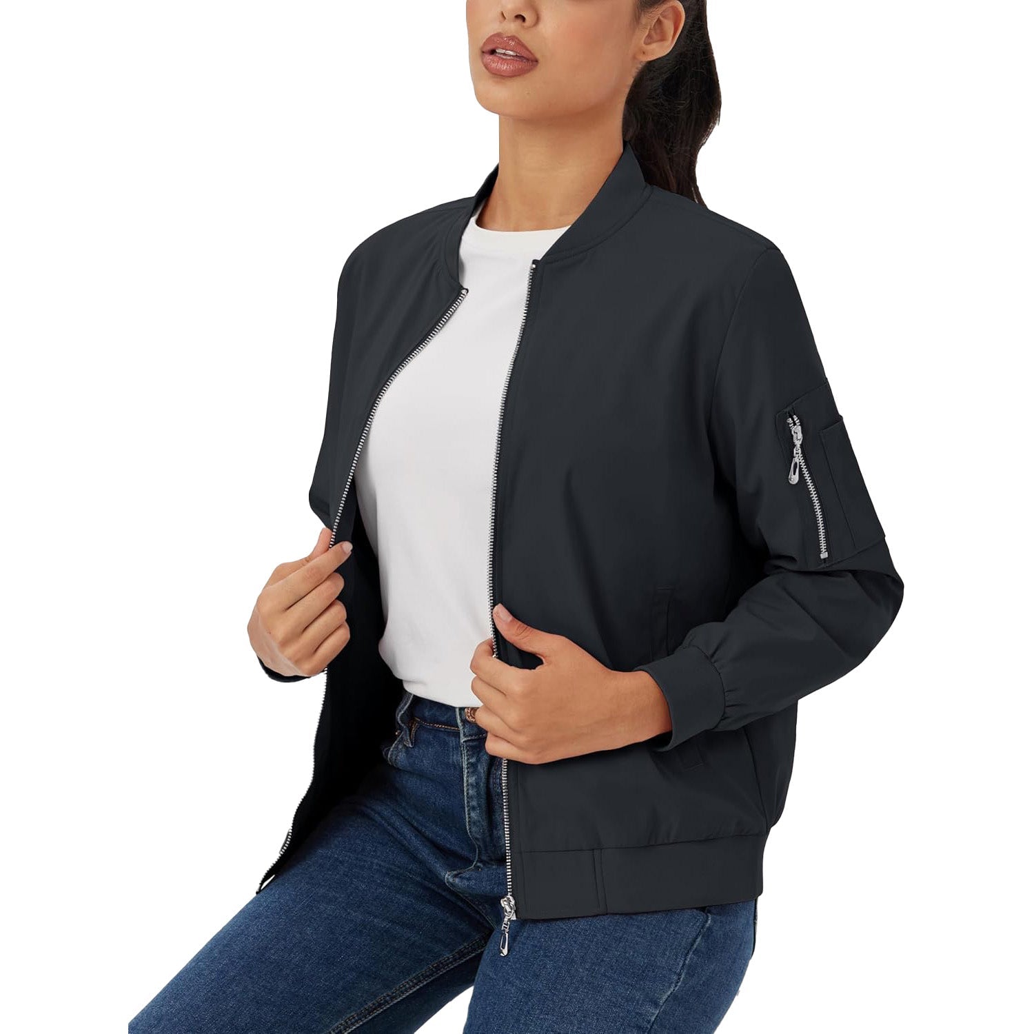 Black lightweight bomber jacket in water-resistant polyester with a zip sleeve pocket and ribbed trim.