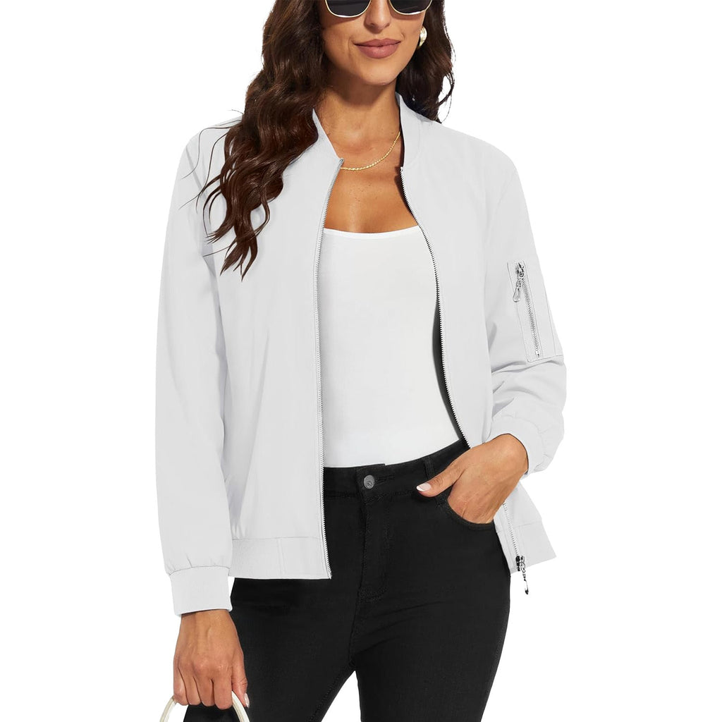 White lightweight bomber jacket in water-resistant polyester with a zip sleeve pocket and ribbed trim.
