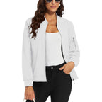 White lightweight bomber jacket in water-resistant polyester with a zip sleeve pocket and ribbed trim.