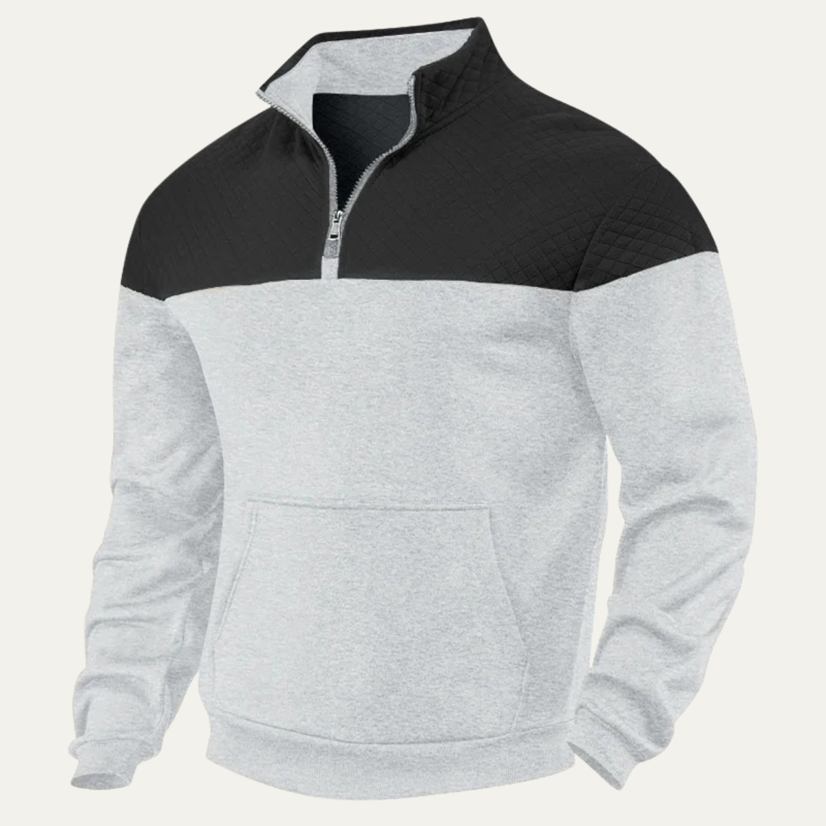 Gray and black color-block quarter-zip fleece pullover featuring a stand collar, kangaroo pocket, and ribbed cuffs on a white background.