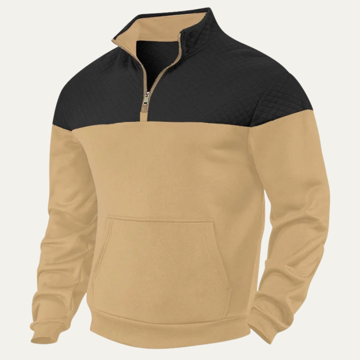 Khaki and black color-block quarter-zip fleece pullover with a stand collar, kangaroo pocket, and ribbed cuffs on a white background.