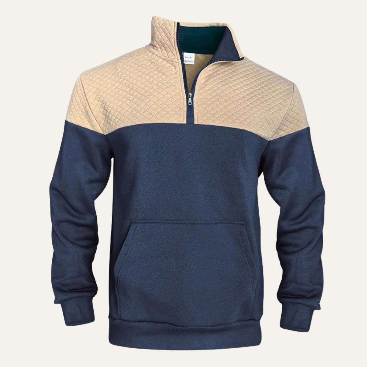 Navy and beige color-block quarter-zip fleece pullover featuring a stand collar, kangaroo pocket, and ribbed cuffs on a white background.