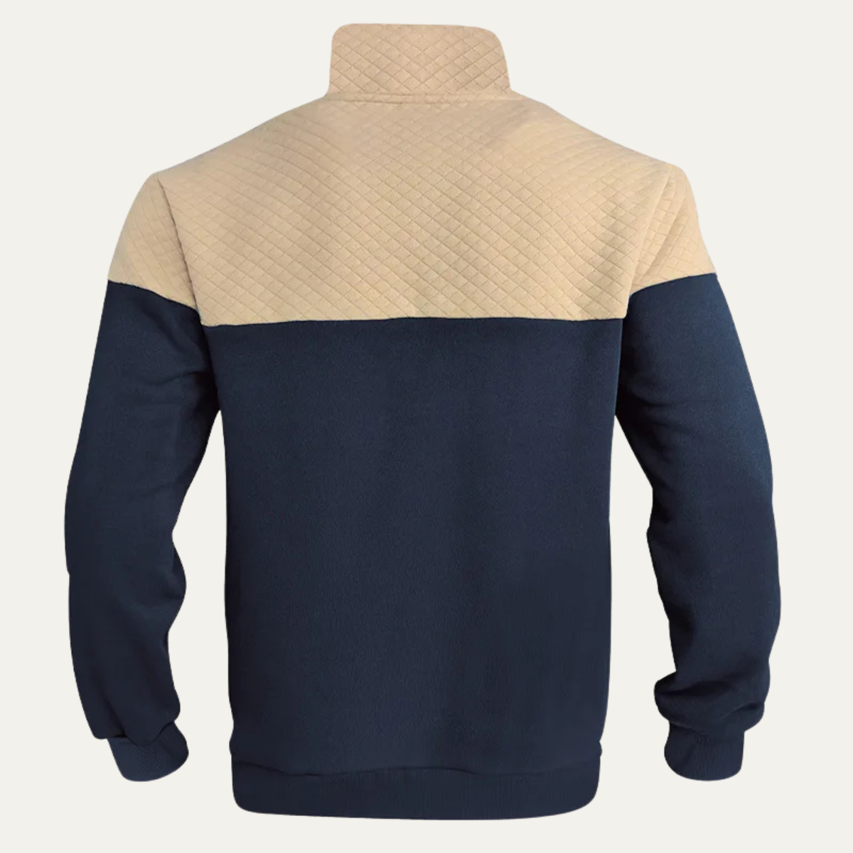 Back view of a navy and beige color-block quarter-zip fleece pullover with a stand collar and ribbed hem on a white background.