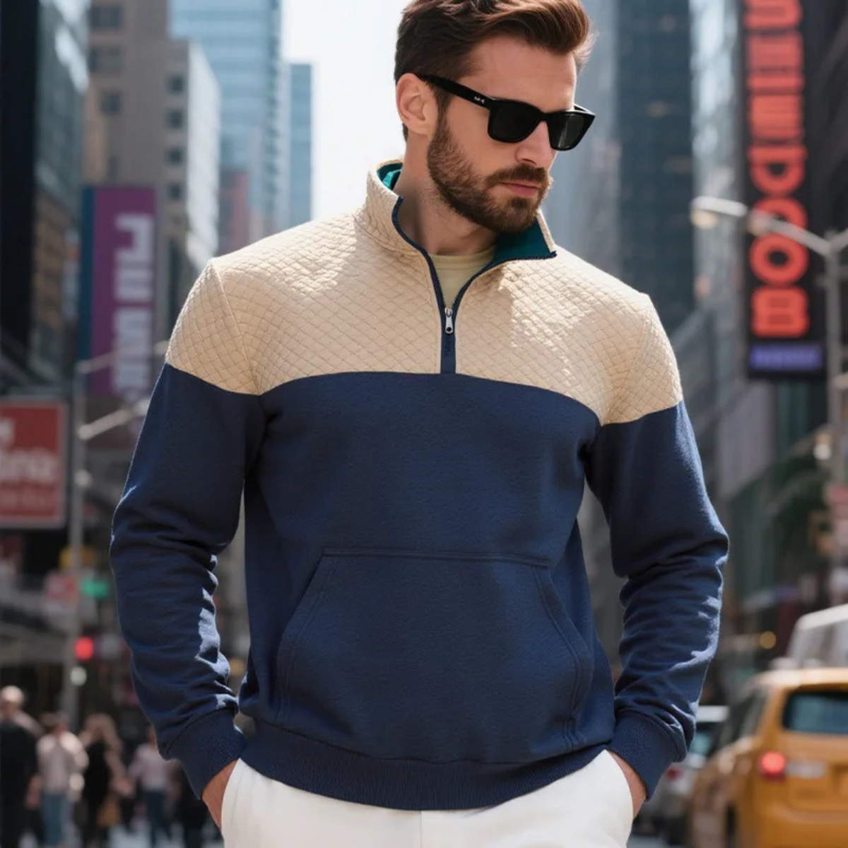 Navy and beige color-block quarter-zip fleece pullover with a stand collar and kangaroo pocket, worn with white trousers in an urban setting.