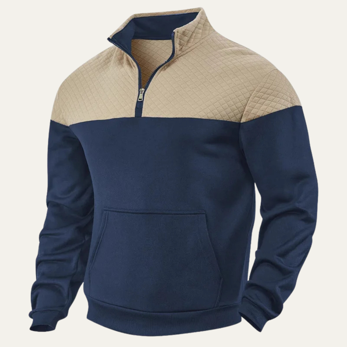 Navy and khaki color-block quarter-zip fleece pullover with a stand collar, kangaroo pocket, and ribbed cuffs displayed on a white background.