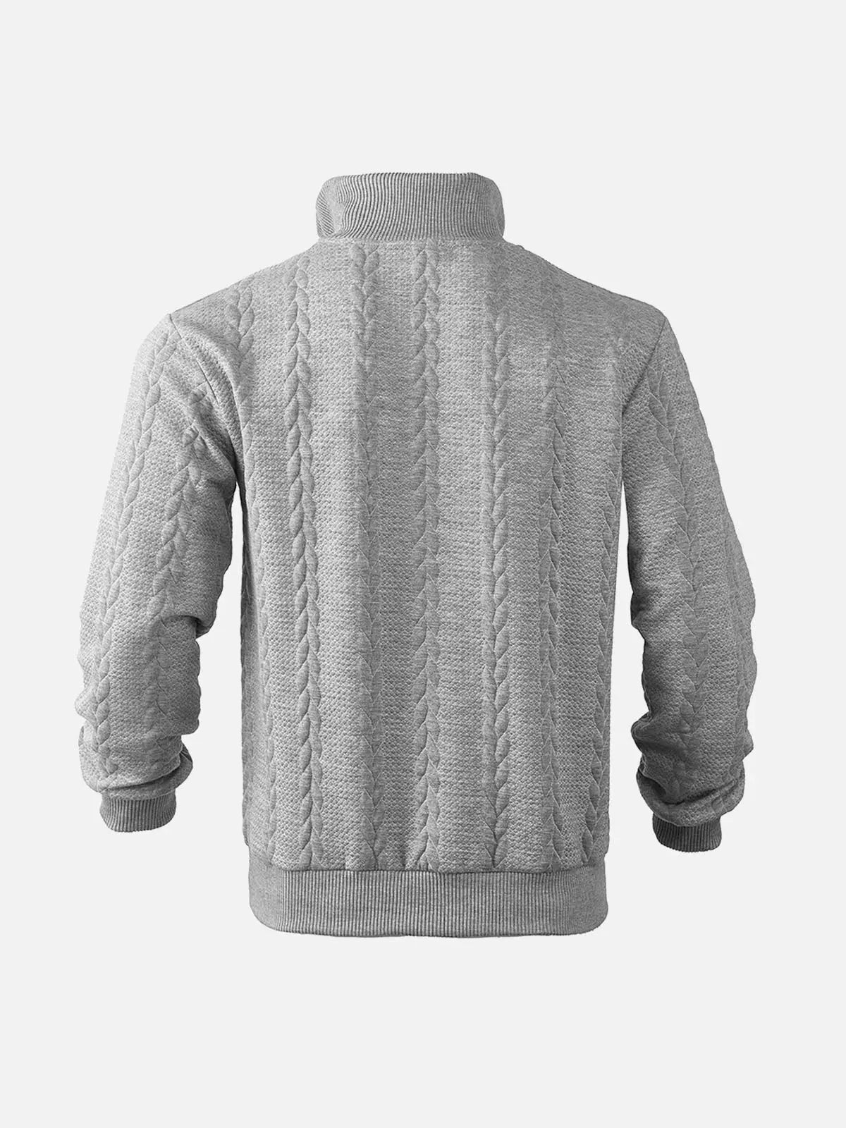 Back view of a light gray textured quarter-zip knit pullover with a stand collar and ribbed hem on a white background.