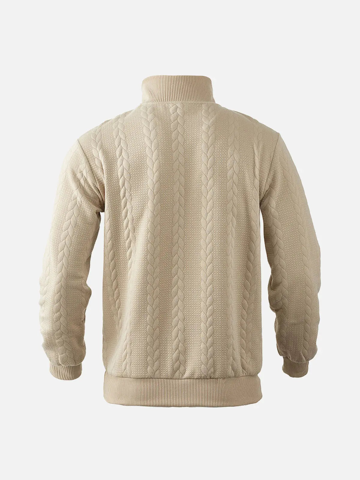 Back view of a beige textured quarter-zip knit pullover with a stand collar and ribbed hem on a white background.