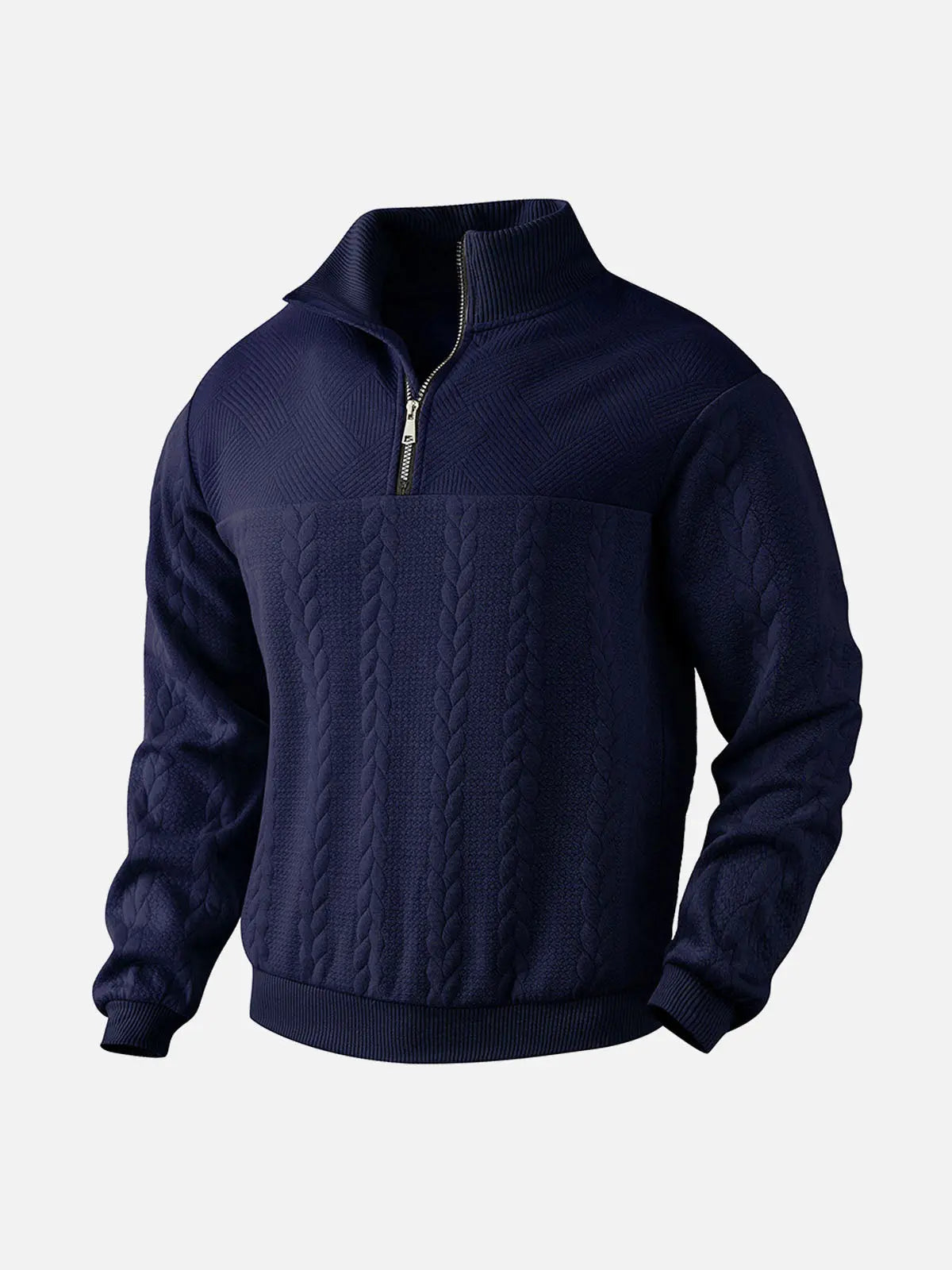 Navy textured quarter-zip knit pullover featuring a stand collar, ribbed cuffs, and long sleeves on a white background.