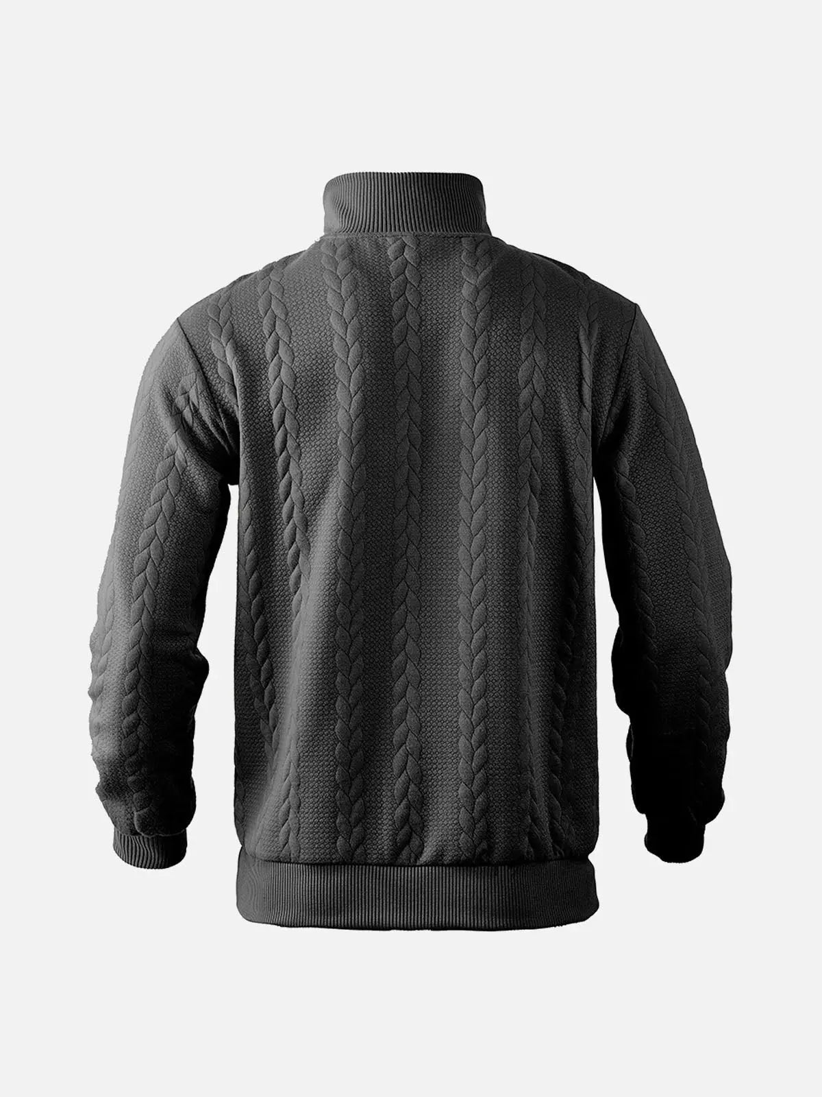 Back view of a black textured quarter-zip knit pullover with a stand collar and ribbed hem on a white background.