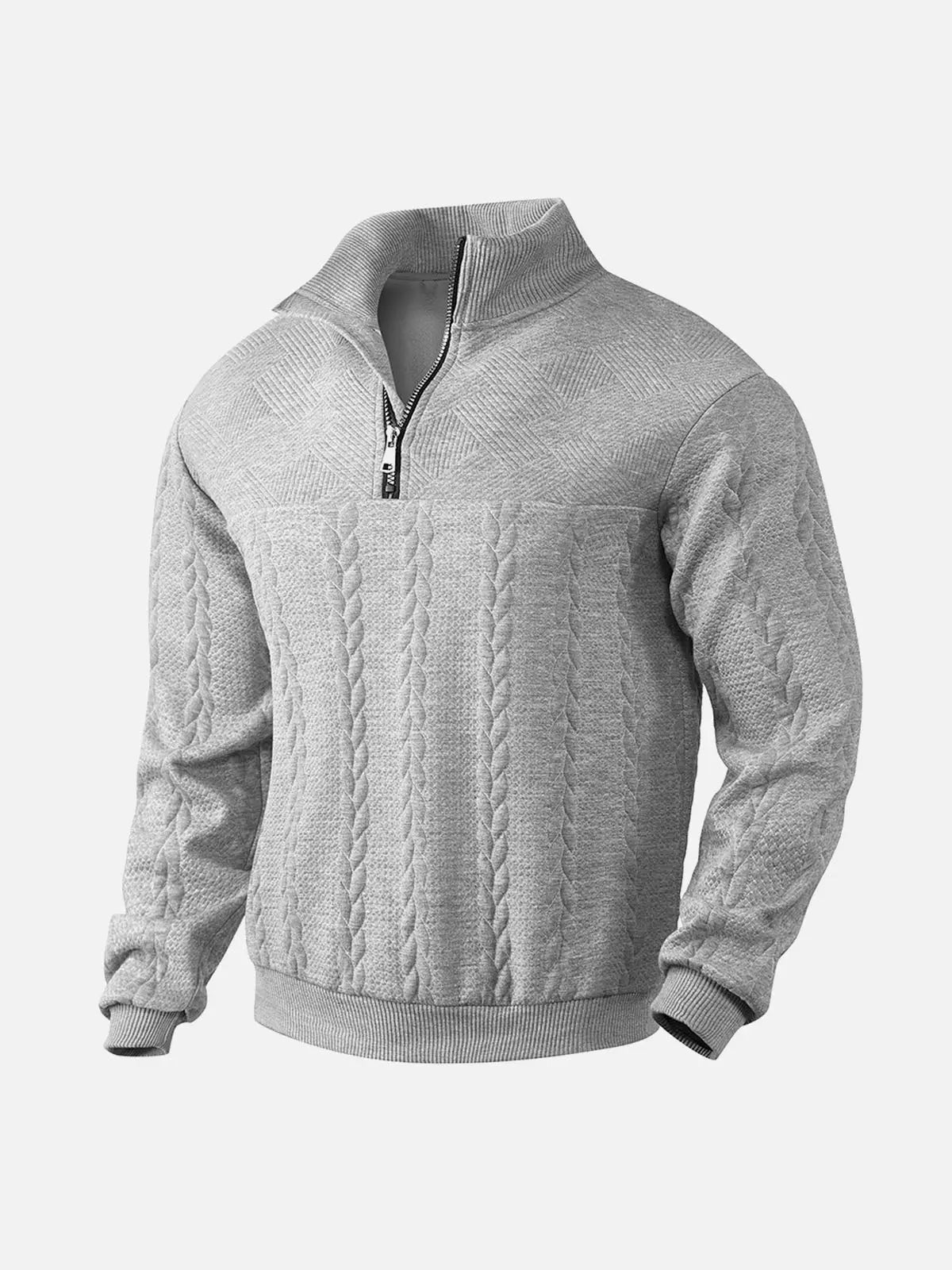 Light gray textured quarter-zip knit pullover with a stand collar, ribbed cuffs, and long sleeves on a white background.