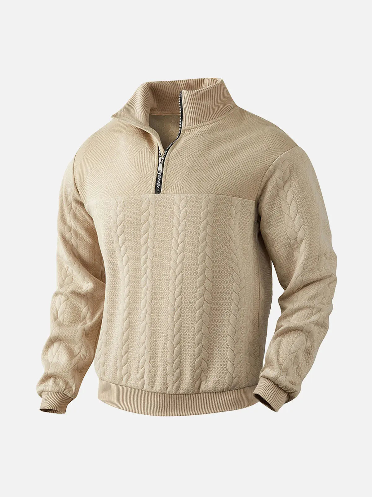 Beige textured quarter-zip knit pullover featuring a stand collar, ribbed cuffs, and long sleeves on a white background.