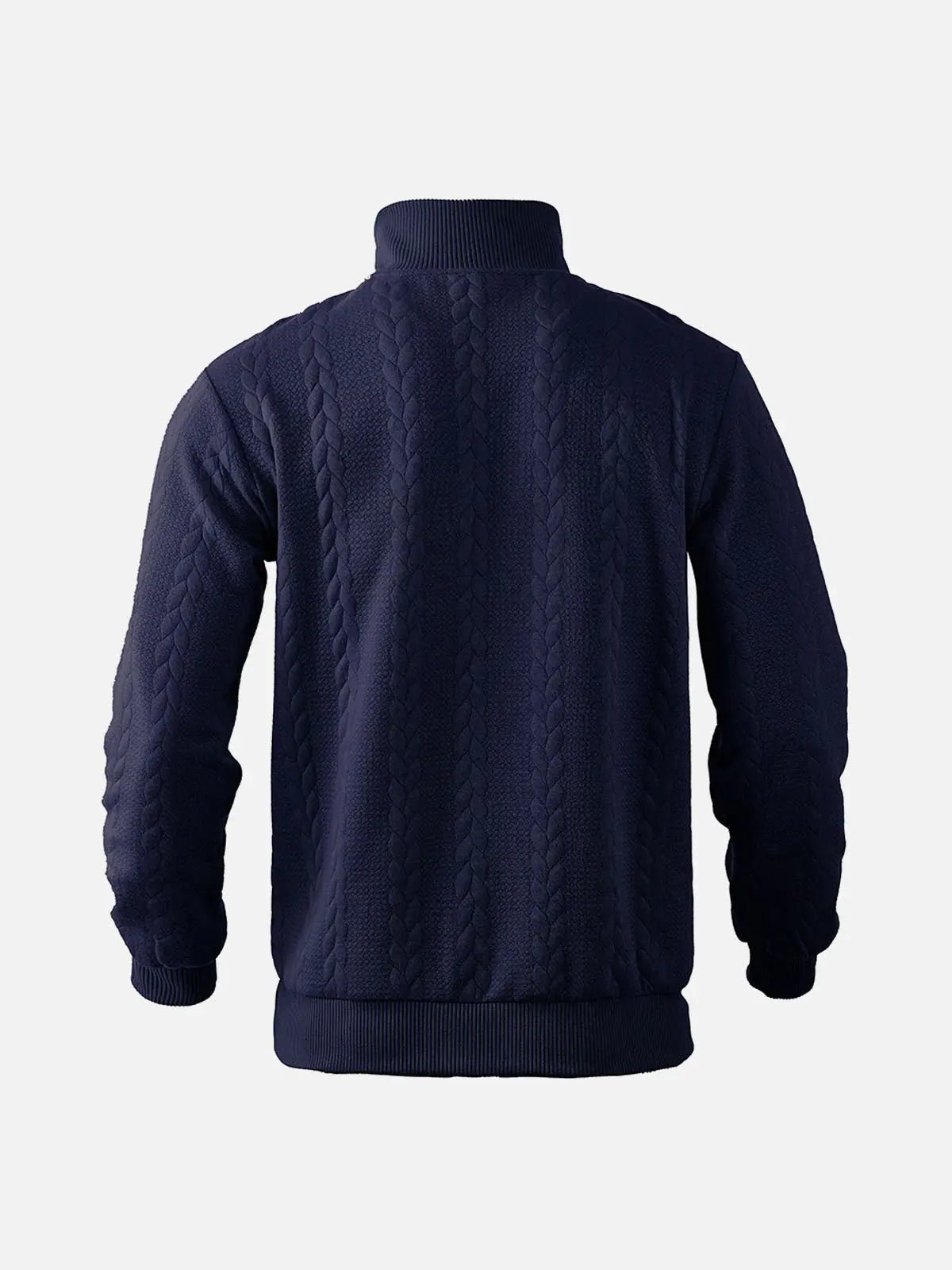 Back view of a navy textured quarter-zip knit pullover with a stand collar and ribbed hem on a white background.
