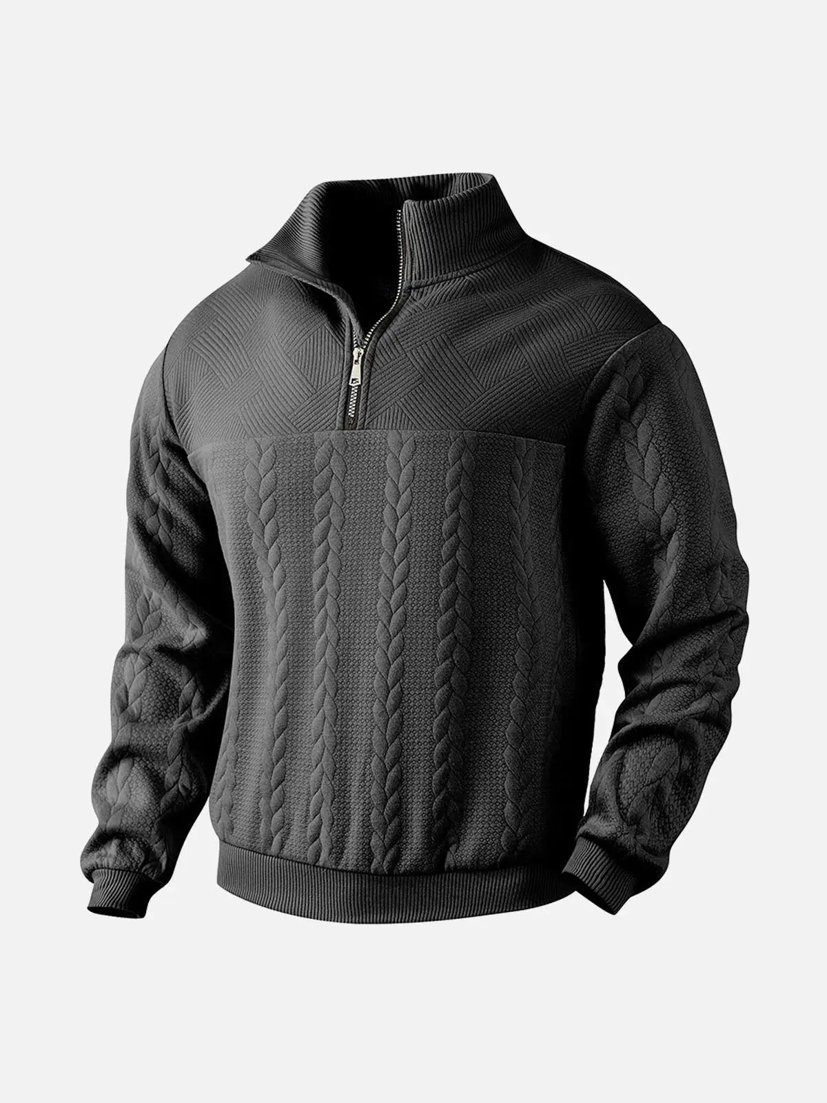 Black textured quarter-zip knit pullover with a stand collar, ribbed cuffs, and long sleeves displayed on a white background.