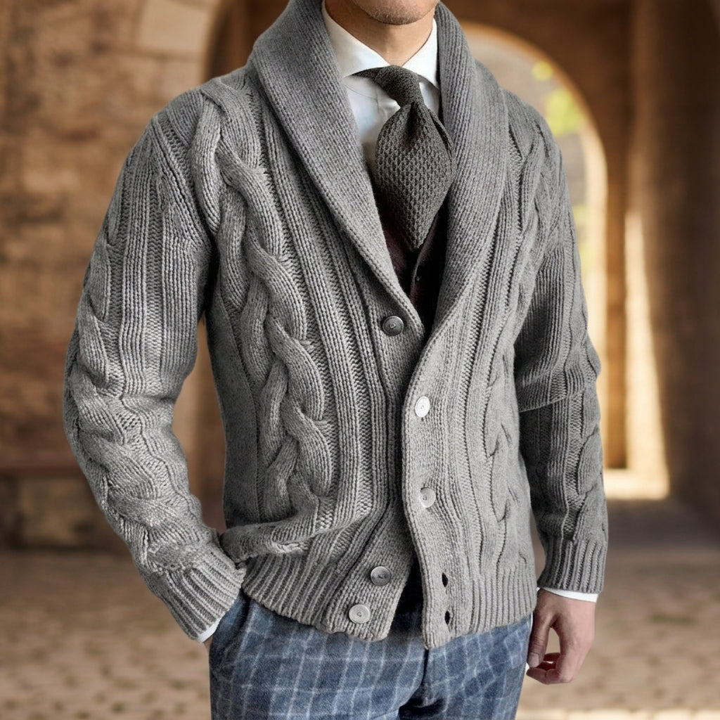 Kenneth Cotton-Wool Blend Cardigan – Shawl Collar Cable Knit Tailored Knitwear
