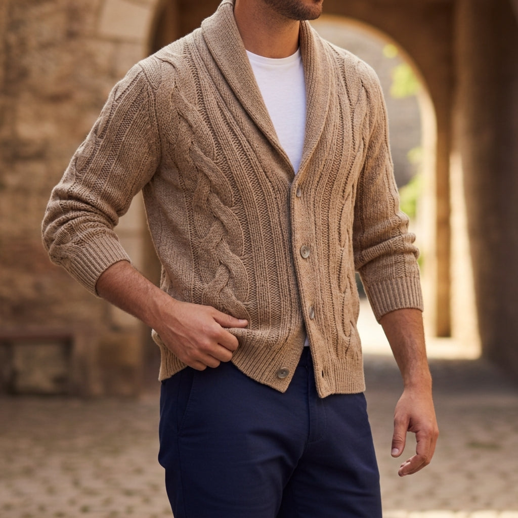 Kenneth Cotton-Wool Blend Cardigan – Shawl Collar Cable Knit Tailored Knitwear