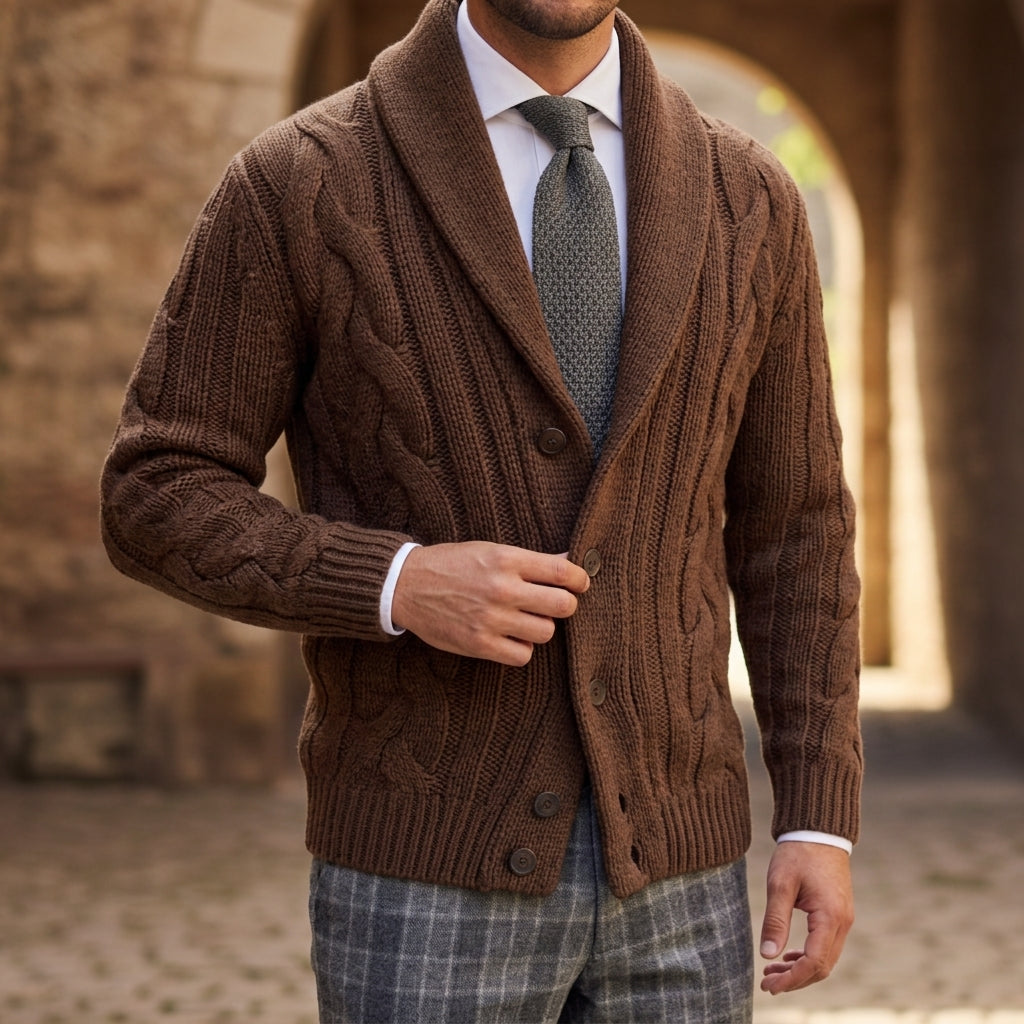 Kenneth Cotton-Wool Blend Cardigan – Shawl Collar Cable Knit Tailored Knitwear