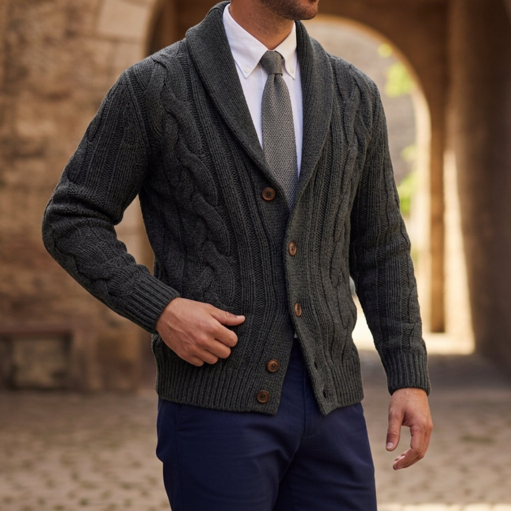Kenneth Cotton-Wool Blend Cardigan – Shawl Collar Cable Knit Tailored Knitwear