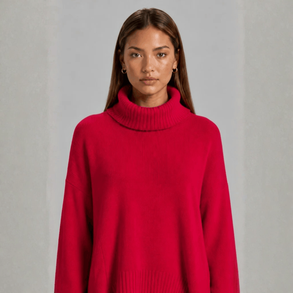 Upper torso portrait view of a model wearing the bright red oversized knit turtleneck sweater with ribbed collar.