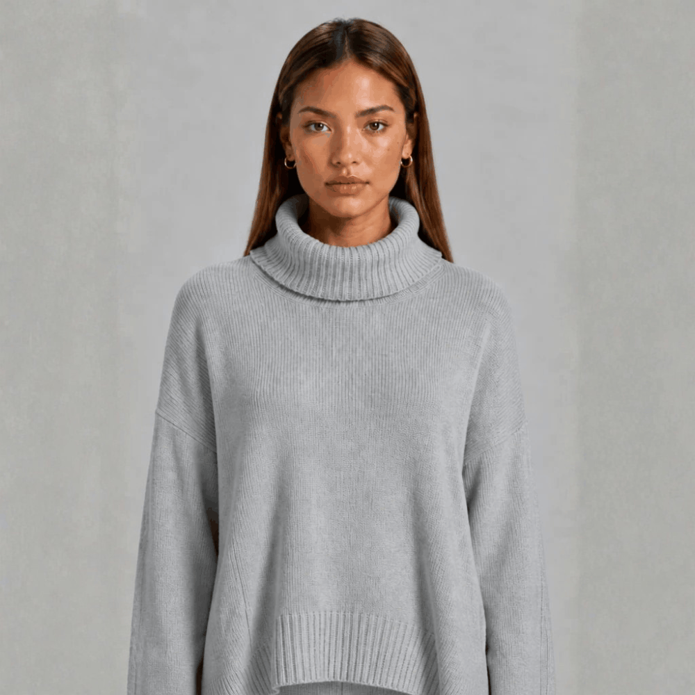 Front view focusing on the upper body and relaxed hemline of the light gray oversized turtleneck sweater.