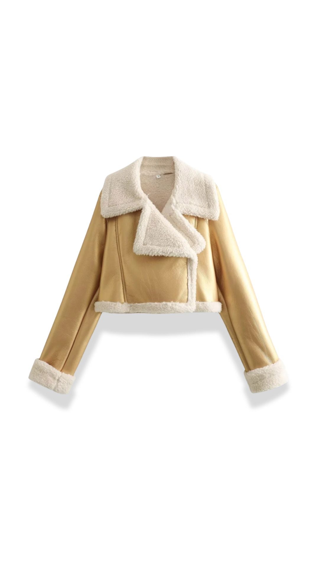 Gold leather aviator jacket with a cropped silhouette, plush white shearling trim, and a zip-up front.