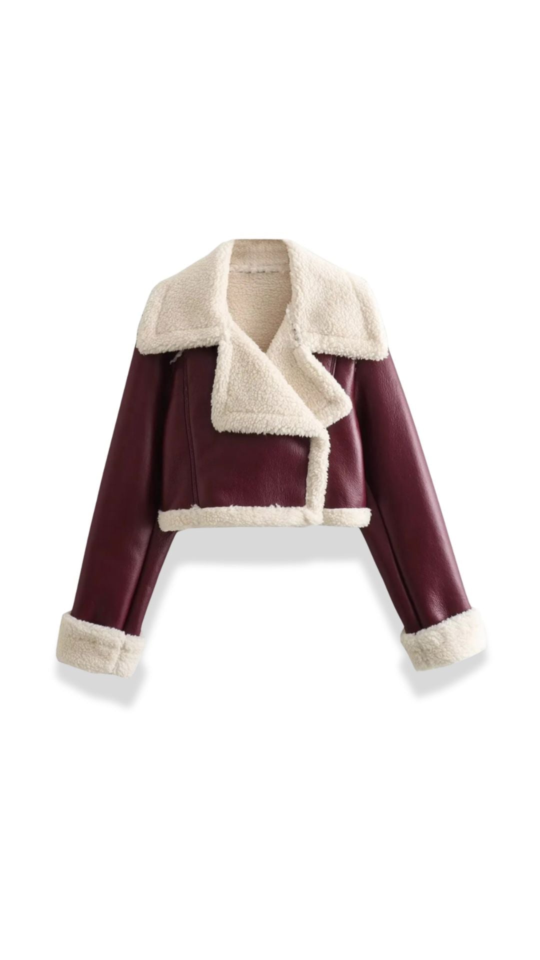 Cropped burgundy leather aviator jacket featuring a plush cream shearling collar, cuffs, and hem.