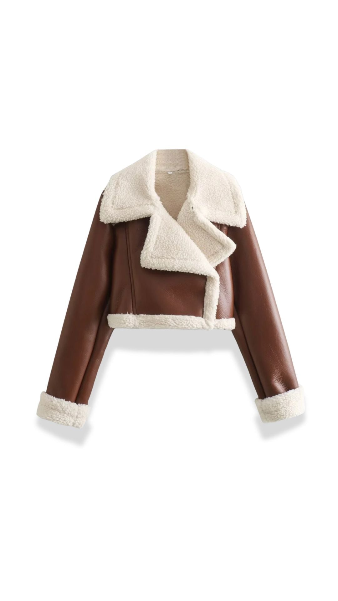 Brown leather aviator jacket with a cropped fit, plush cream shearling collar, and matching trim on cuffs and hem.